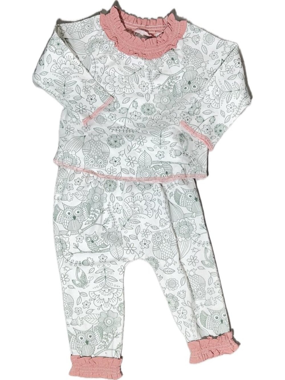 Mud Pie Owl Floral print pants set 3m 6m NWOT ruffles green pink long sleeves